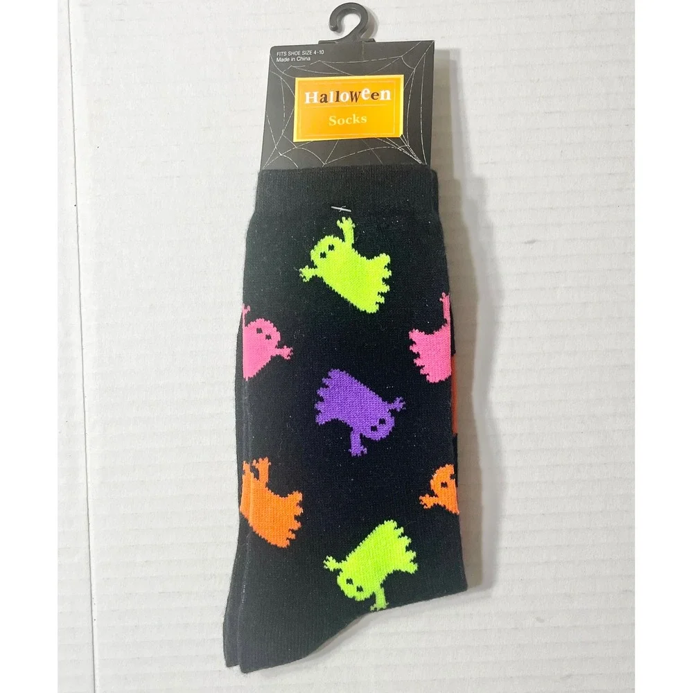 Kohls Halloween Neon Ghost Crew Socks Black Multi Color Size 9-11 Shoe 4-10 NEW